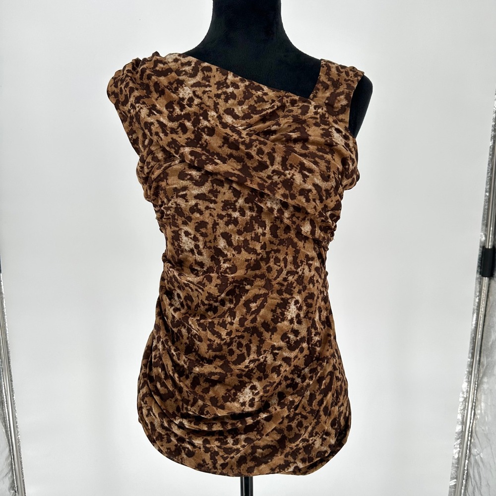 Vince Camuto Leopard Animal Print Brown Sleeveless Blouse Ruched Asymmetrical L